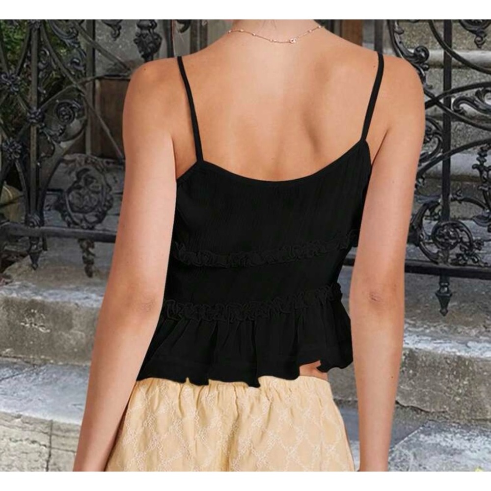 NWOT Black Ruffled tie-front women's sheer top - Picture 3 of 5